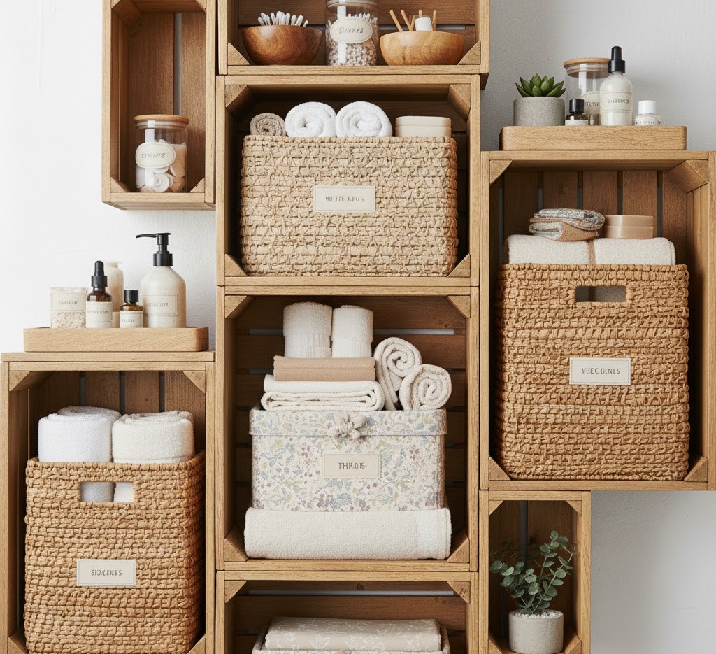 Bathroom organization with natural materials